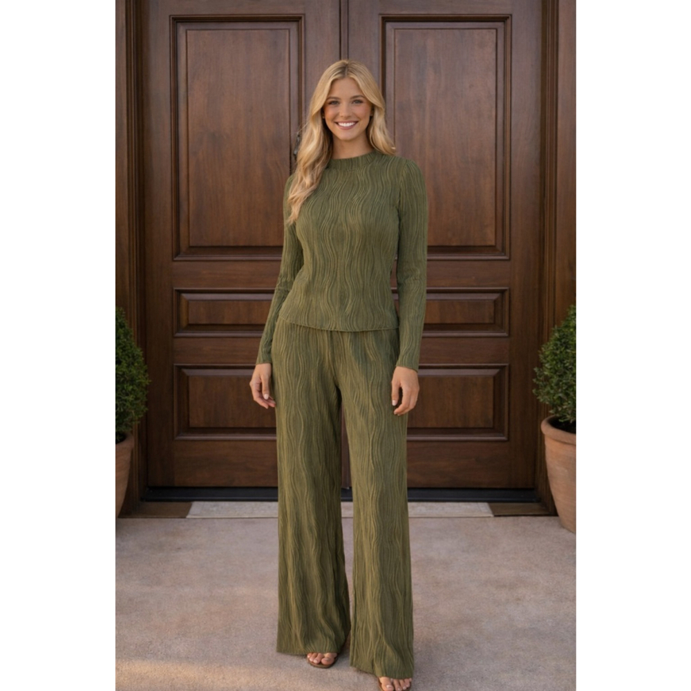 Olive Ribbed Two Piece Lounge Set Wide Leg Pants Long Sleeve Top Quiet Luxury S